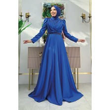 Bym Fashion Taş Detaylı Saten Abiye Elbise 1158 Saks
