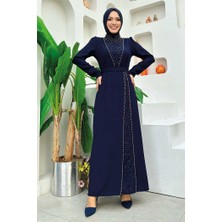 Bym Fashion Taşlı Krep Dantel Elbise 3870 Lacivert