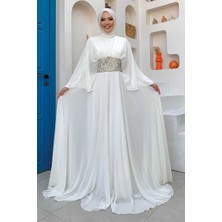 Bym Fashion Pelerinli Bel Taş İşleme Detay Şifon Abiye Elbise 5001 Ekru