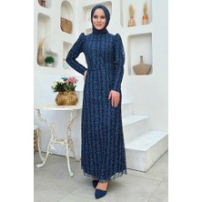 Bym Fashion Çiçek Desenli Simli Tül Abiye Elbise 1108 Lacivert