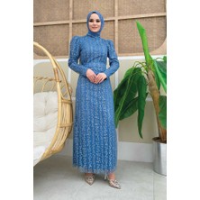 Bym Fashion Çiçek Desenli Simli Tül Abiye Elbise 1108 İndigo