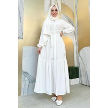 Bym Fashion Fermuarlı Kol Manşetleri Lastikli Fırfırlı Elbise 6001 Ekru