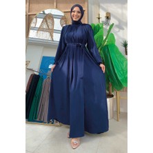 Bym Fashion Yaka ve Kol Manşetleri Büzgü Görünümlü Kuşaklı Elbise 6014 Lacivert