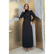 Bym Fashion Çiçek Desenli Simli Tül Abiye Elbise 1108 Siyah