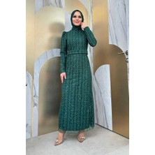 Bym Fashion Çiçek Desenli Simli Tül Abiye Elbise 1108 Zümrüt