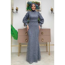 Bym Fashion Desenli Balonkol Görünümlü Simli Abiye Elbise 1144 Gri