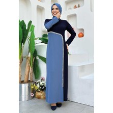 Bym Fashion İki Renkli İnci Detaylı Elbise 3865 Lacivert