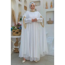 Bym Fashion Taş İşleme Detaylı Elbiseli Pelerin Takım 3875 Ekru