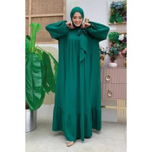 Bym Fashion Yakası Bağlama Detaylı Elbise ŞAL HEDİYE  3885 Zümrüt