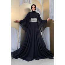 Bym Fashion Pelerinli Bel Taş İşleme Detay Şifon Abiye Elbise 5001 Siyah