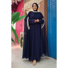 Bym Fashion Taş İşleme Detaylı Elbiseli Pelerin Takım 3875 Lacivert