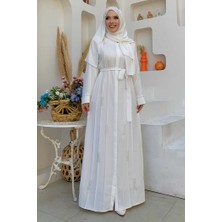 Bym Fashion Boncuk İşlemeli Tam Boy Ferace 7894 Ekru