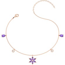 İndigo Takı Ametist Taşlı Lotus Çiçeği Rose Gümüş Halhal