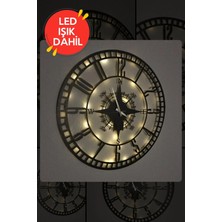 Dekorvin LED Işıklı Ahşap Sayılı Pusula Duvar Saati Sessiz Dekoratif Modern Siyah Metal Duvar Saati 40X40CM