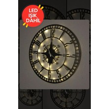 Dekorvin LED Işıklı Ahşap Sayılı Pusula Duvar Saati Sessiz Dekoratif Modern Siyah Metal Duvar Saati 40X40CM