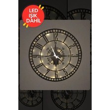 Dekorvin LED Işıklı Ahşap Sayılı Pusula Duvar Saati Sessiz Dekoratif Modern Siyah Metal Duvar Saati 40X40CM