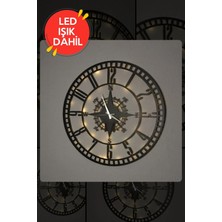 Dekorvin LED Işıklı Ahşap Sayılı Pusula Duvar Saati Sessiz Dekoratif Modern Siyah Metal Duvar Saati 40X40CM