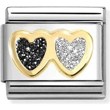 Nomination Composable Classic Dekoratif Link - Semboller Pırıltılı - Çift Kalp Siyah ve Gümüş -  18K Altın