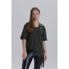 David&Gerenzo Haki Kadın Paris Baskı Detay Asimetrik Kesim T-Shirt