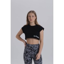 David&Gerenzo Siyah Kadın Yan Baskı Detay Crop T-Shirt