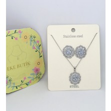 Eke Butik Çelik Zirkon Taşlı Papatya Set Beyaz Altın