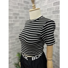 Cof Butik Çizgi Desenli Crop Siyah