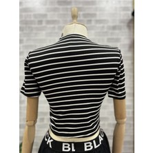 Cof Butik Çizgi Desenli Crop Siyah