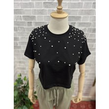 Cof Butik Önü Boncuk Detaylı Crop Siyah