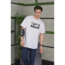 Tarz Yeri Unisex Bisiklet Yaka Baskılı Oversize T-Shirt - Beyaz