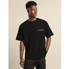 Tarz Yeri Unisex Bisiklet Yaka Baskılı Oversize T-Shirt - Siyah