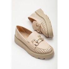 Tonny Black Kadın Ten Yanı Şerit Detaylı Önü Taşlı Tokalı Kalın Poli Taban Loafer