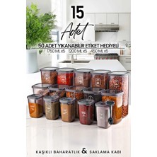 Kitchen Life 15'li Etiketli Kare Erzak Saklama Kabı ve Kaşıklı Baharatlık Seti - (1750ML + 1200ML + 450 Ml)