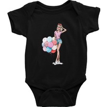 Darkhane Renkli Balonlar ve Kız Siyah Unisex Bebek Body - Zıbın