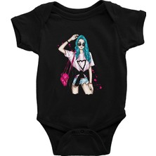Darkhane Mavi Saçlı Kız Fashion Siyah Unisex Bebek Body - Zıbın