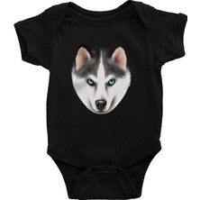 Darkhane Sibirya Kurdu Husky Haski Portresi Siyah Unisex Bebek Body - Zıbın