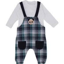 Bebelop Erkek Bebek Ayı Nakışlı Ekoseli Tulum T-Shirt Salopet 2'li Takım