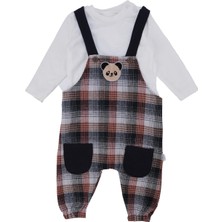 Bebelop Erkek Bebek Ayı Nakışlı Ekoseli Tulum T-Shirt Salopet 2'li Takım