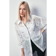Sateen Varaklı Geniş Gömlek - Ekru-Gümüş