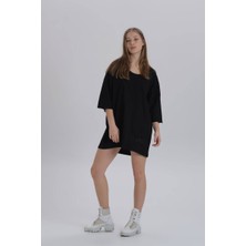 David&Gerenzo Siyah Kadın Sırt Baskı Detay Oversize T-Shirt Elbise