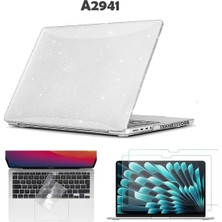 TEKNETSTORE Macbook Air 15 Inç M2 Çip A2941 Tam Uyumlu Simli Alt Üst Kılıf + Klavye Kılıfı + Ekran Koruyucu Film