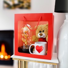 Platin Gift Seni Seviyorum Sonsuzluk Gül Işıklı Fanus Kalp Kupa Premium Çanta Kırmızı