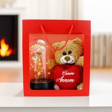 Platin Gift Canım Annem Sonsuzluk Gül Işıklı Fanus Premium Çanta Kırmızı