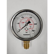 Pakkens 0-250 Bar 100 mm Alttan Bağlantılı Gliserinli Manometre G 1/2 Inç