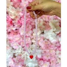 Atelier Çağla Cam Kırmızı Murano Kalp Toz Pembe Boncuk Kolye
