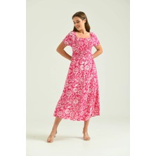 Parkkaron Kadın Pembe Kare Yaka Desenli Elbise