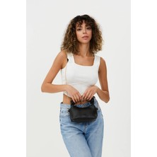 Fv Store Shaka Siyah SHK24 Soft Deri Düğüm Detaylı Zincir Askılı El ve Omuz Çantası U:14 E:22 G:8 cm