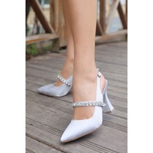 Mida Shoes Erbtrac Gümüş Saten Yüksek Topuk Kadın Topuklu Ayakkabı