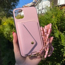 Bumudur Aksesuar iPhone 14 Pembe Askılı ve Cüzdanlı Kılıf