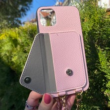 Bumudur Aksesuar iPhone 14 Pembe Askılı ve Cüzdanlı Kılıf