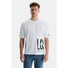 Ucla Ignıso Beyaz Bisiklet Yaka Baskılı Oversize Erkek Tshirt
